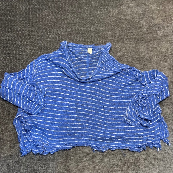 We The Free Blue White Striped Distressed Knit Open Shoulder Pullover Top M - Picture 1 of 5